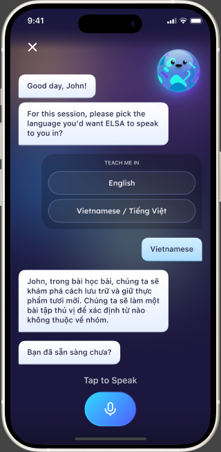 Chế độ gia sư song ngữ trong ứng dụng ELSA Speak