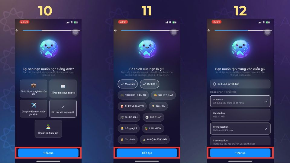 Hướng dẫn thực hiện khảo sát đầu vào trên app ELSA Speak - bước 10, 11, 12 Hướng dẫn thực hiện khảo sát đầu vào trên app ELSA Speak - bước 10, 11, 12