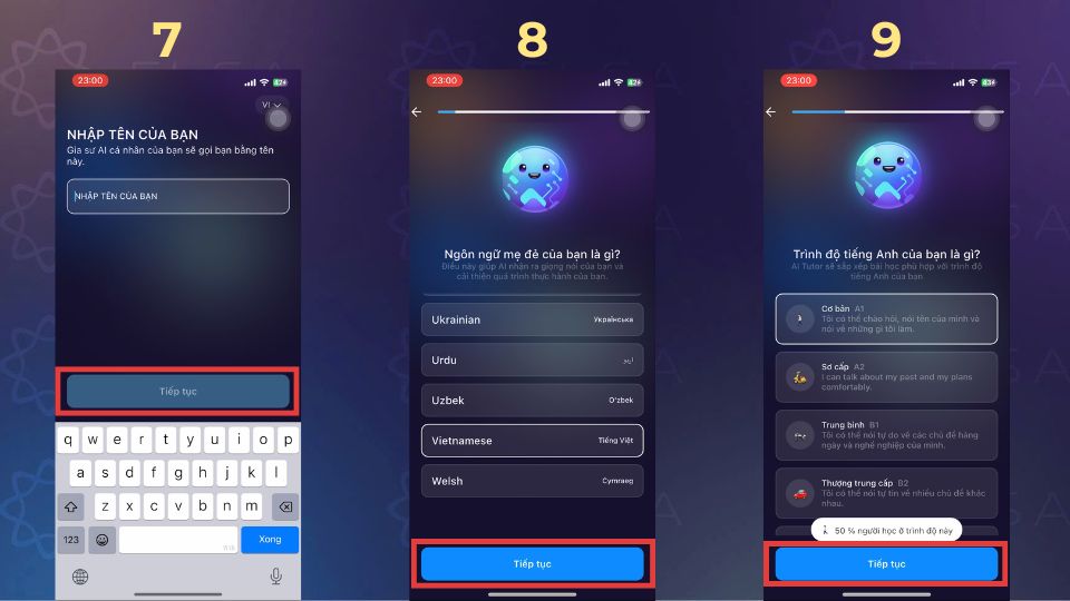 Hướng dẫn thực hiện khảo sát đầu vào trên app ELSA Speak - bước 7, 8, 9 Hướng dẫn thực hiện khảo sát đầu vào trên app ELSA Speak - bước 7, 8, 9