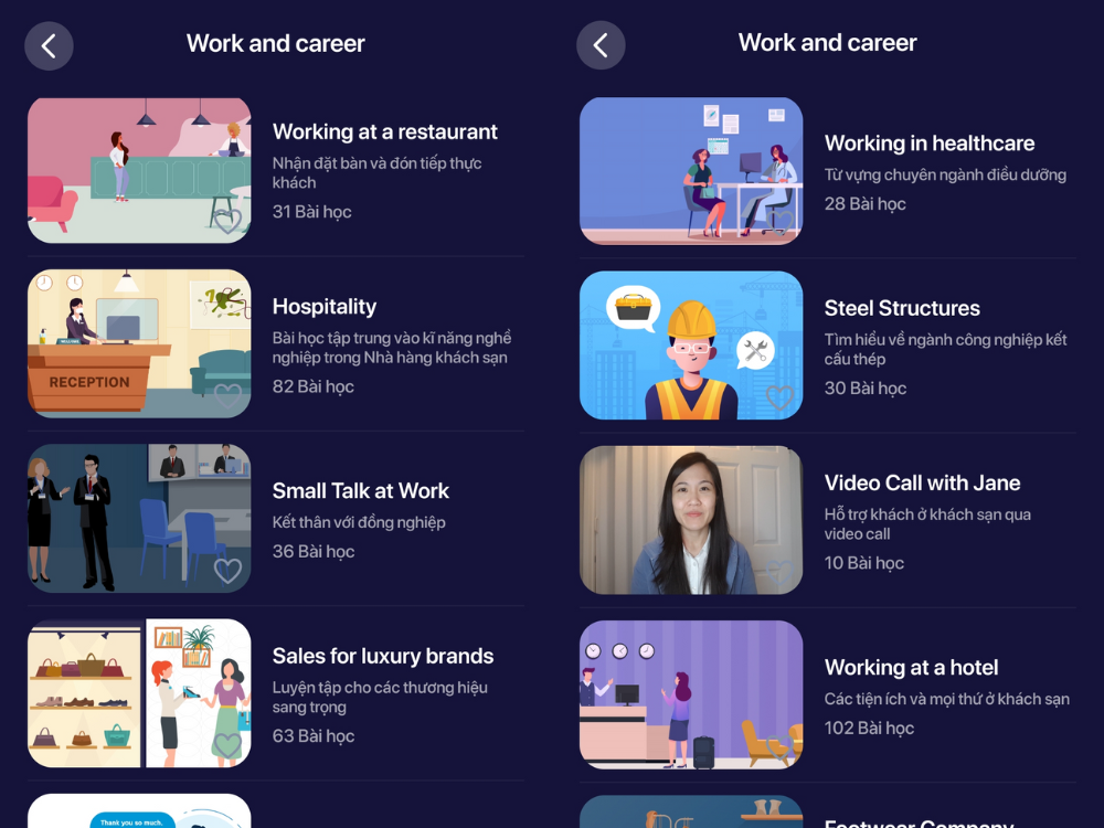 Các chủ đề về công việc trong ứng dụng ELSA Speak