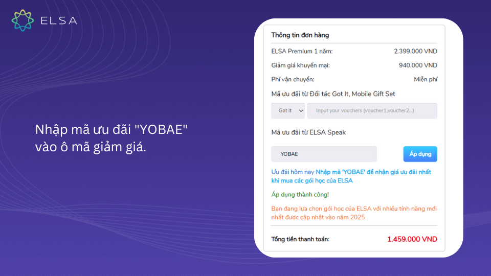 Nhập mã khi mua ELSA Premium 1 năm
