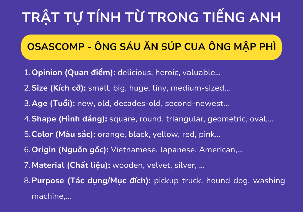 Trật tự tính từ trong tiếng Anh theo quy tắc OSASCOMP Trật tự tính từ trong tiếng Anh theo quy tắc OSASCOMP