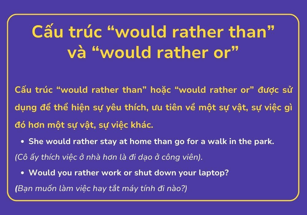 Công thức “would rather than” và “would rather or” Công thức “would rather than” và “would rather or”