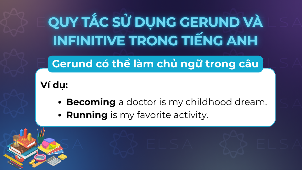 Bạn muốn đặt một động từ ở vị trí chủ ngữ trong câu, hãy dùng hình thức gerund Bạn muốn đặt một động từ ở vị trí chủ ngữ trong câu, hãy dùng hình thức gerund