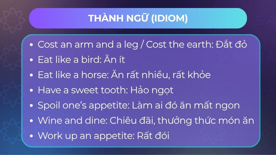 Tên một số món ăn phổ biến thường gặp bằng tiếng Anh Thành ngữ (idiom)