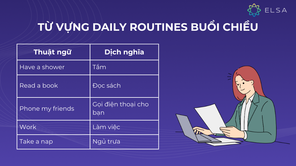 Từ vựng daily routines buổi chiều Từ vựng daily routines buổi chiều
