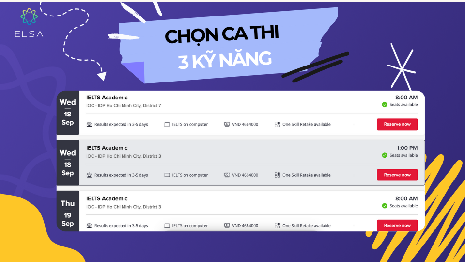 Chọn “Reserve now" để đặt lịch thi