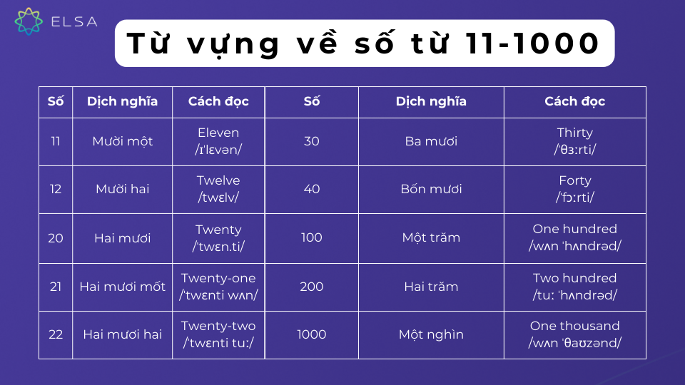 Từ vựng về số từ 11 đến 1000 Từ vựng về số từ 11 đến 1000