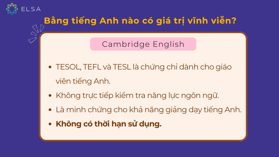 Chứng chỉ TESOL/TEFL/TESL có giá trị vĩnh viễn phù hợp với nhiều đối tượng Chứng chỉ TESOL/TEFL/TESL có giá trị vĩnh viễn phù hợp với nhiều đối tượng