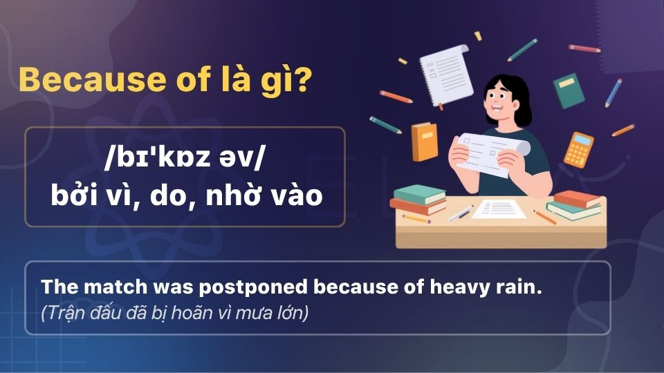 Because of là giới từ kép mang nghĩa "bởi vì", "vì", "do", "nhờ vào" Because of là giới từ kép mang nghĩa "bởi vì", "vì", "do", "nhờ vào"