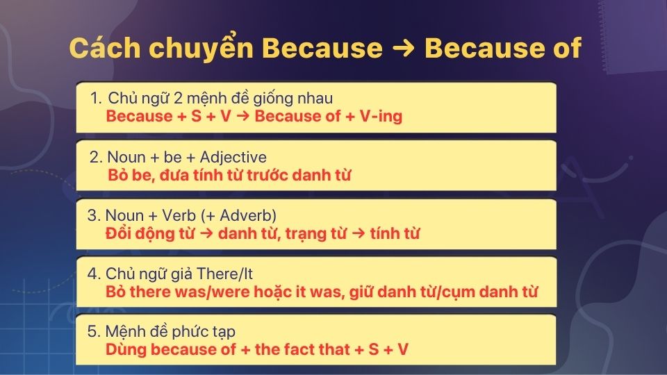 Năm cách chuyển Because sang Because of Năm cách chuyển Because sang Because of