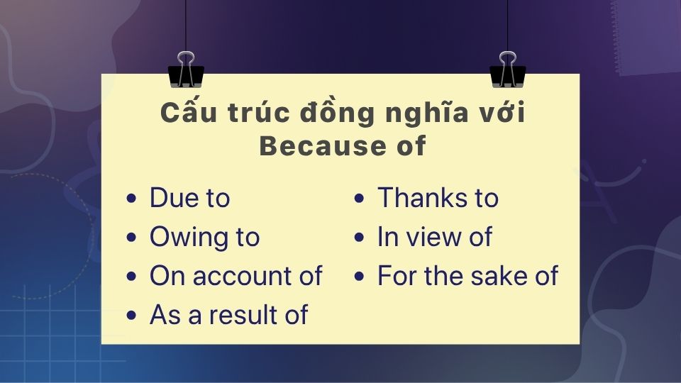 Các cụm đồng nghĩa với because of và cùng đi với danh từ Các cụm đồng nghĩa với because of và cùng đi với danh từ
