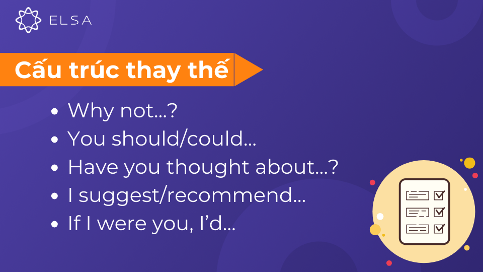 Sử dụng các cấu trúc thay thế để diễn đạt ý gợi ý hoặc đề xuất theo một cách khác biệt và linh hoạt hơn Sử dụng các cấu trúc thay thế để diễn đạt ý gợi ý hoặc đề xuất theo một cách khác biệt và linh hoạt hơn