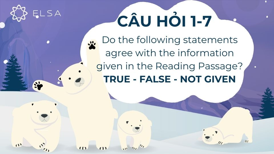 Câu hỏi từ 1 đến 7 là dạng true, false, not given Câu hỏi từ 1 đến 7 là dạng TRUE, FALSE, NOT GIVEN