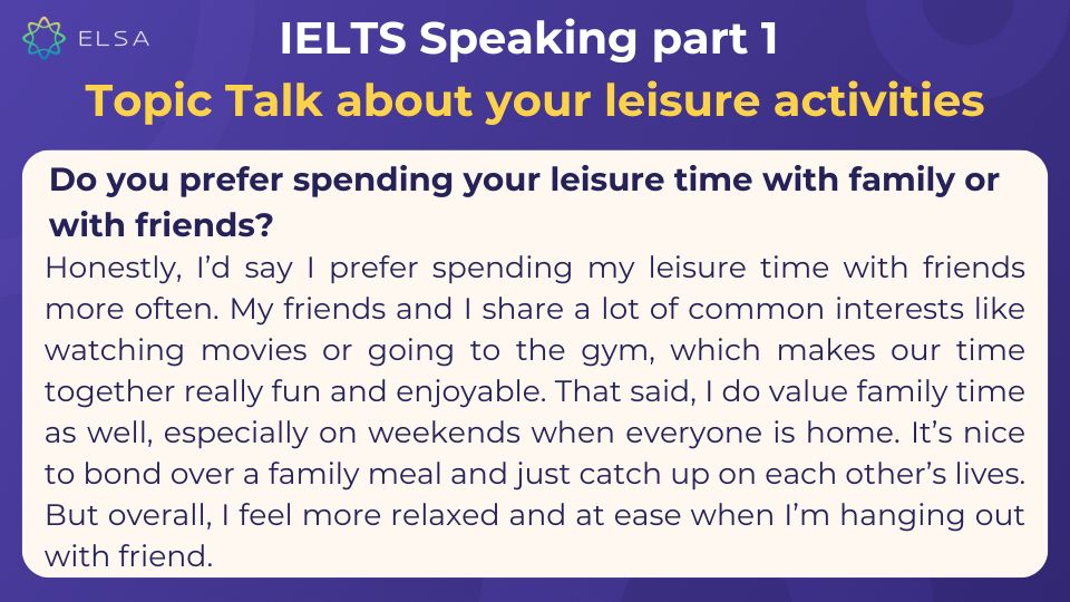 IELTS Speaking Part 1 topic Talk about your leisure activities - Sample 2