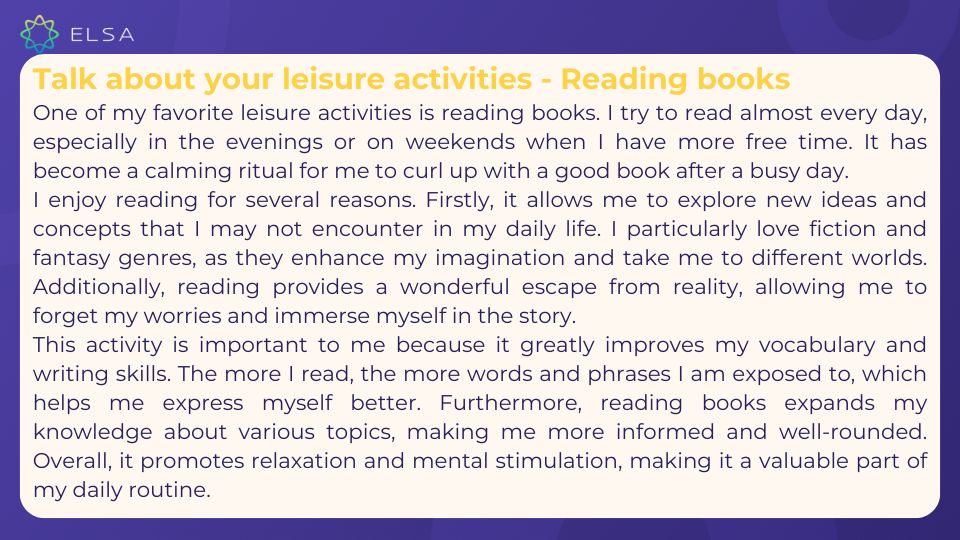 IELTS Speaking Part 2 topic Talk about your leisure activities - Reading books