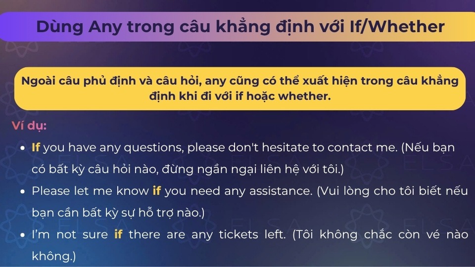 Cách dùng Any trong câu khẳng định với if và whether trong tiếng Anh