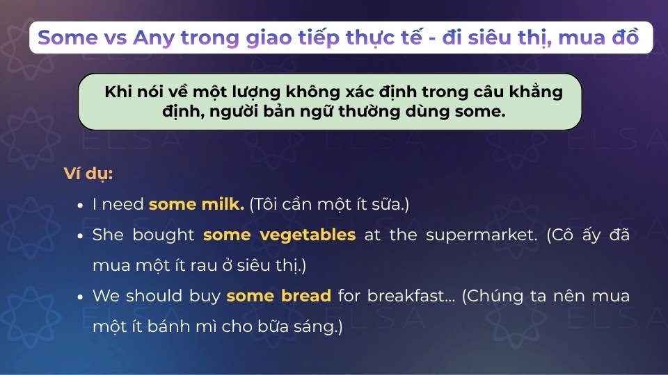 Some được dùng khi nói về một lượng không xác định trong câu khẳng định