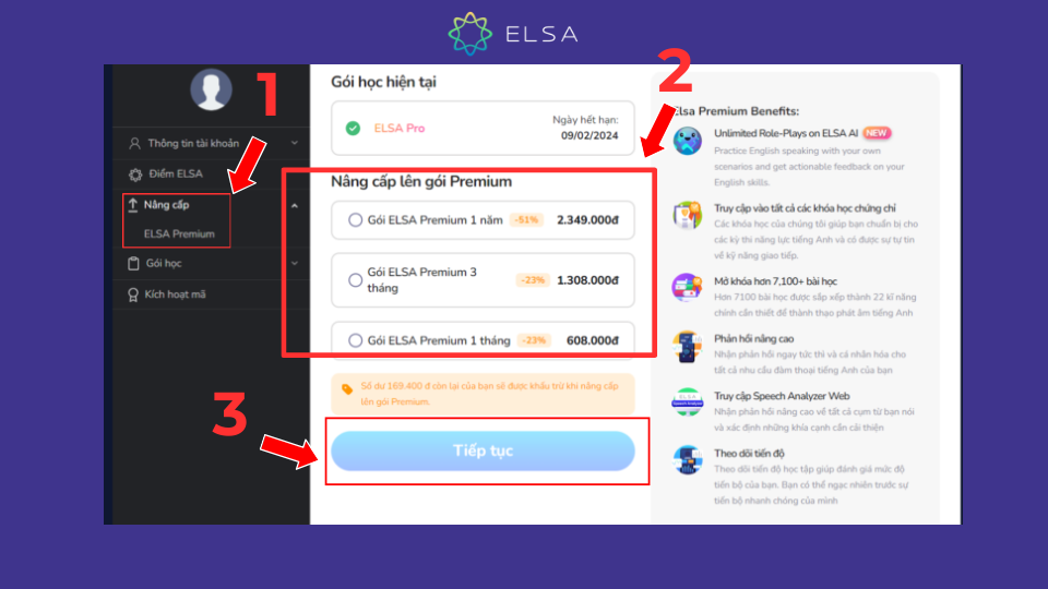 Chọn Nâng cấp > Chọn ELSA Premium > Bấm Tiếp tục.