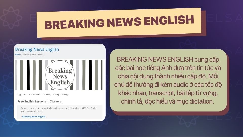 Giao diện Breaking News English luyện nghe chép chính tả qua tin tức
