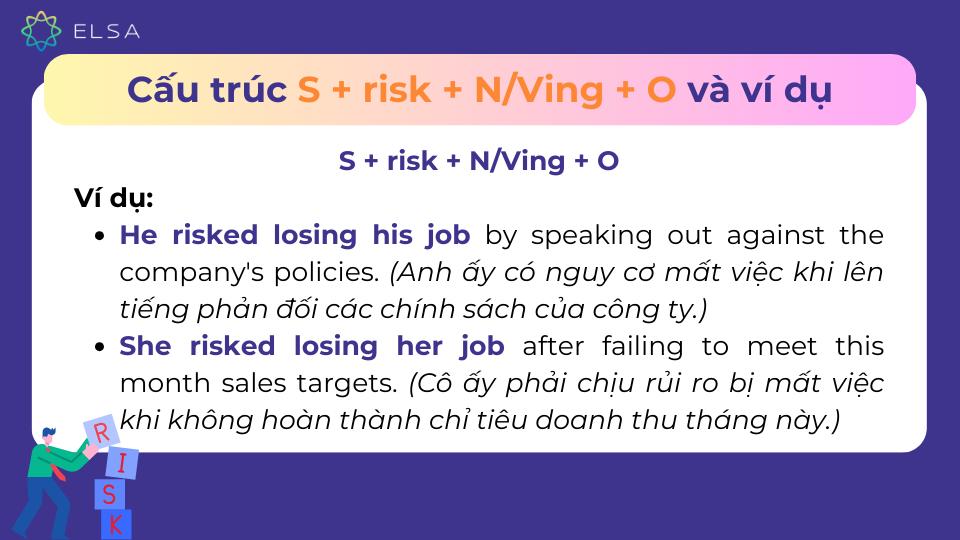 Cấu trúc S + risk + N/Ving + O, kèm ví dụ