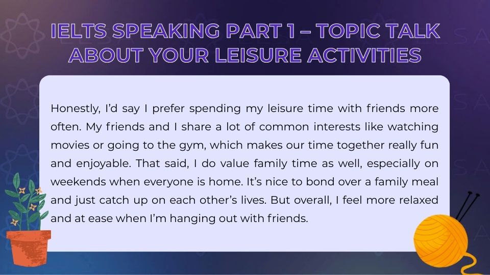 IELTS Speaking Part 1 topic Talk about your leisure activities - Sample 2