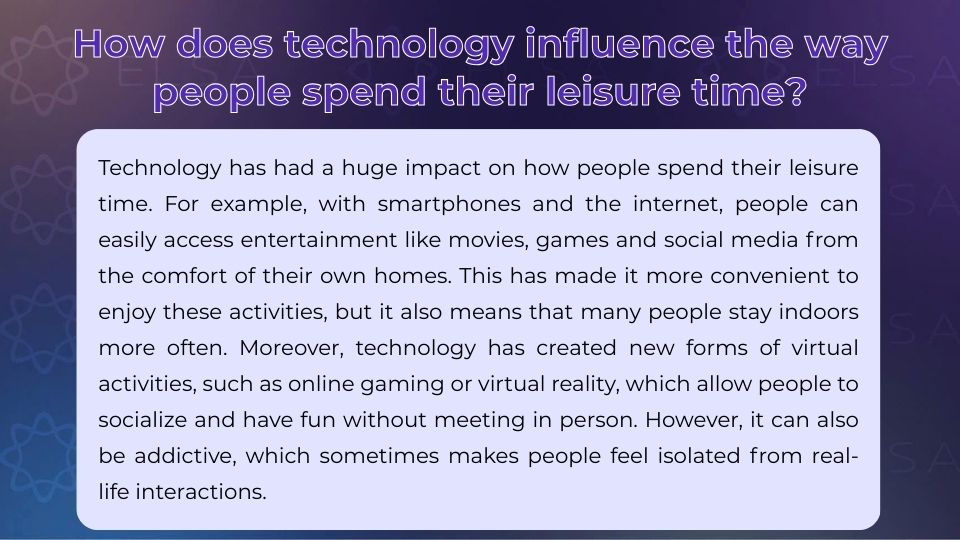 IELTS Speaking Part 3 topic Talk about your leisure activities - Sample 3