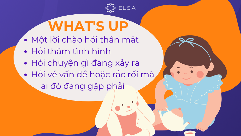 What's up là một cụm từ đa nghĩa, thường được dùng để chào hỏi hoặc hỏi thăm tình hình What's up là một cụm từ đa nghĩa, thường được dùng để chào hỏi hoặc hỏi thăm tình hình