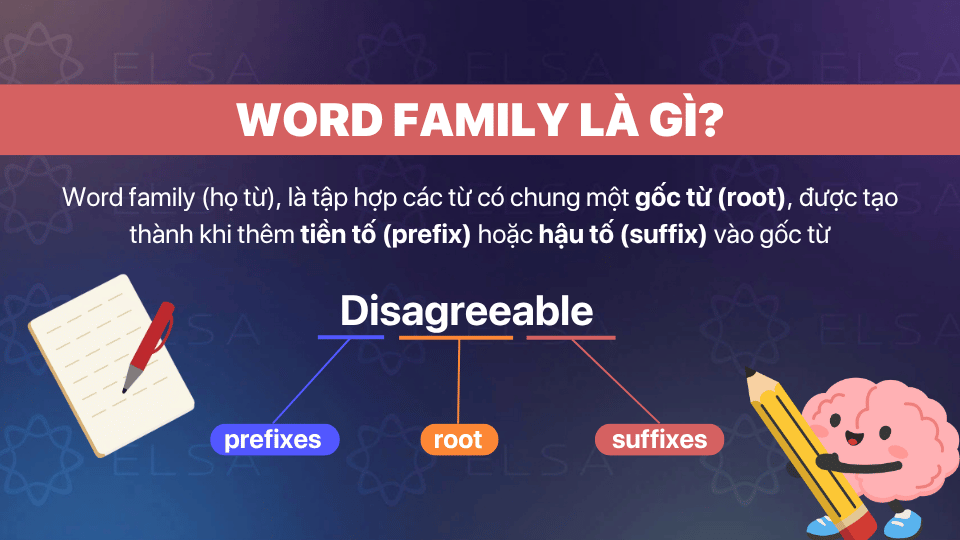 Word Family là tập hợp các từ có chung một gốc từ (root), được tạo thành khi thêm tiền tố (prefix) hoặc hậu tố (suffix) vào gốc từ
