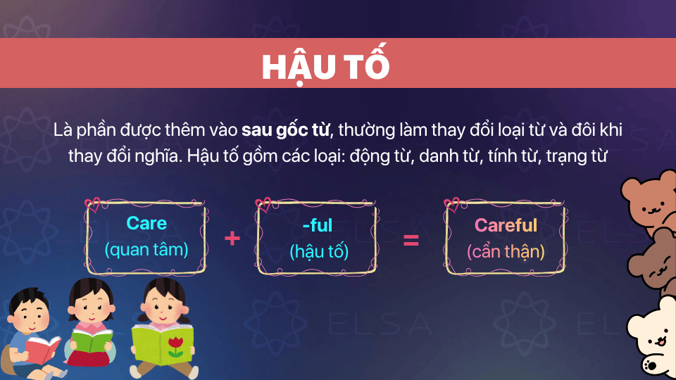 Hậu tố là phần được thêm vào sau gốc từ, thường làm thay đổi loại từ và đôi khi thay đổi nghĩa của từ