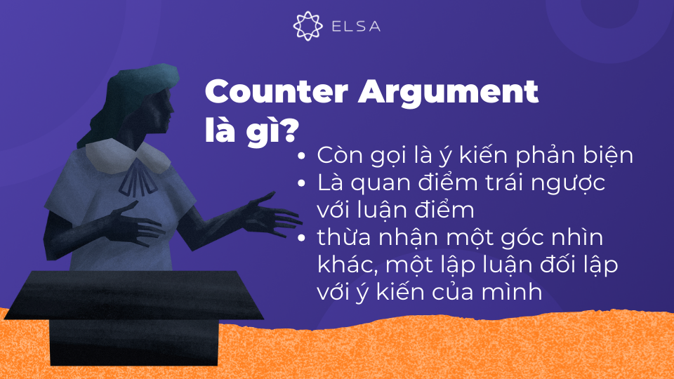 Counter Argument, hay còn gọi là ý kiến phản biện, là quan điểm trái ngược với luận điểm chính Counter Argument, hay còn gọi là ý kiến phản biện, là quan điểm trái ngược với luận điểm chính