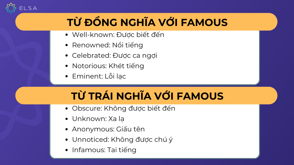 Một số từ đồng nghĩa và trái nghĩa của Famous Một số từ đồng nghĩa và trái nghĩa của Famous