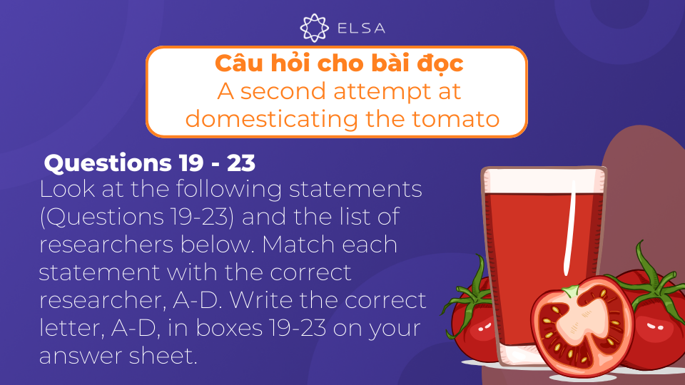 Yêu cầu đề bài cho câu hỏi 19 - 23 của bài đọc A second attempt at domesting the tomato Yêu cầu đề bài cho câu hỏi 19 - 23 của bài đọc A second attempt at domesting the tomato