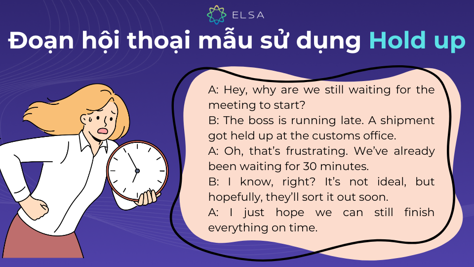 Đoạn hội thoại mẫu sử dụng Hold up có nghĩa là trì hoãn Đoạn hội thoại mẫu sử dụng Hold up có nghĩa là trì hoãn