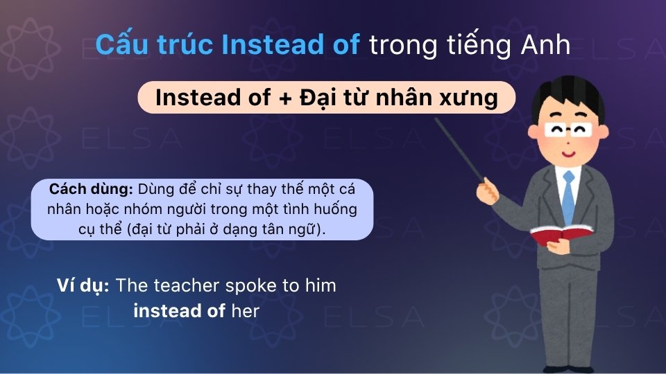 Instead of + Đại từ nhân xưng dùng để thay thế ai đó trong một tình huống cụ thể Instead of + Đại từ nhân xưng dùng để thay thế ai đó trong một tình huống cụ thể