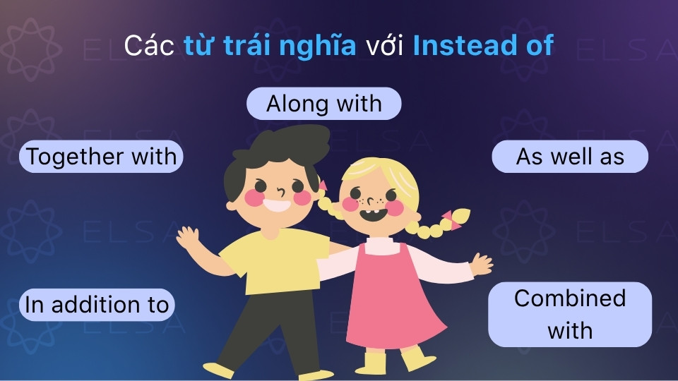 Các từ trái nghĩa với Instead of gồm along with, together with, in addition to, as well as Các từ trái nghĩa với Instead of gồm along with, together with, in addition to, as well as