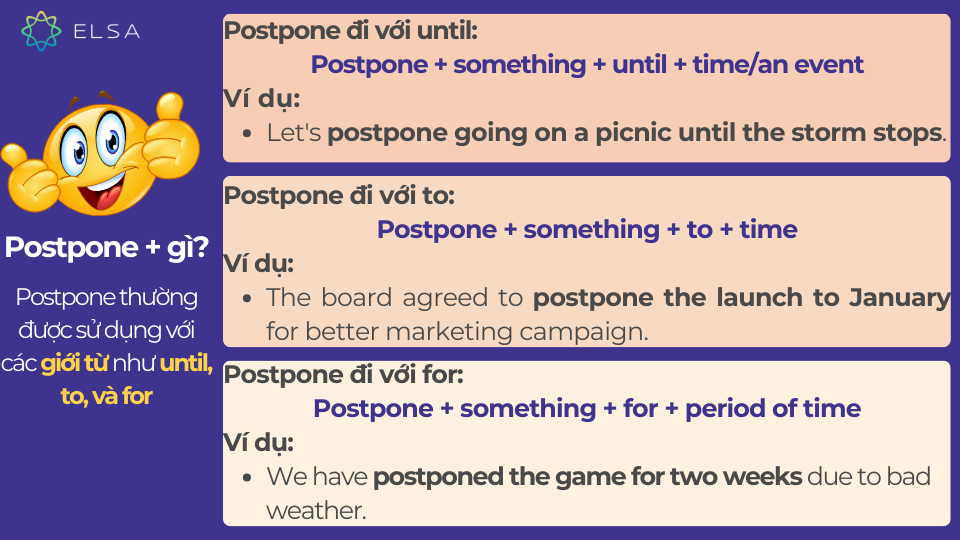 Postpone thường được sử dụng với các giới từ như until, to, và for