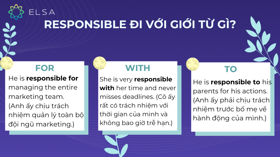 Responsible đi với những giới từ for, with, to Responsible đi với những giới từ for, with, to