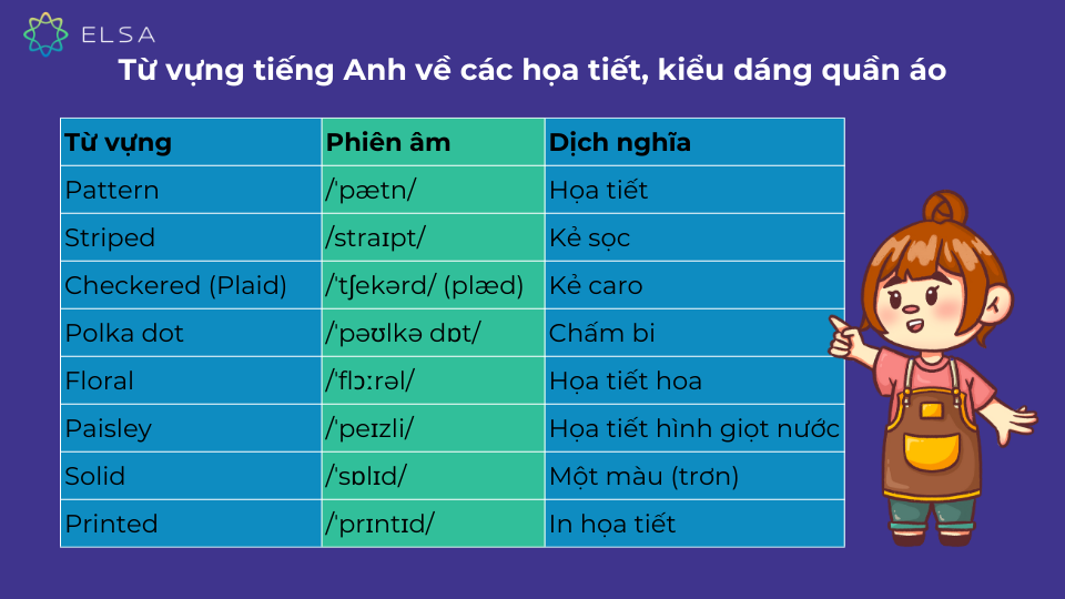 Các từ vựng về các họa tiết, kiểu dáng quần áo trong tiếng Anh Các từ vựng về các họa tiết, kiểu dáng quần áo trong tiếng Anh