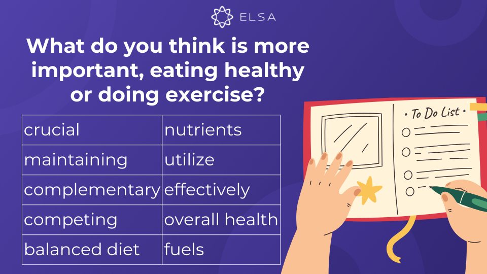 Topic Talk about how to stay healthy: What do you think is more important, eating healthy or doing exercise? Topic Talk about how to stay healthy: What do you think is more important, eating healthy or doing exercise?