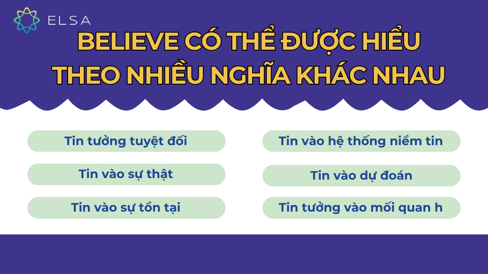 Believe có thể được hiểu theo nhiều nghĩa khác nhau, tùy thuộc vào ngữ cảnh: Believe có thể được hiểu theo nhiều nghĩa khác nhau, tùy thuộc vào ngữ cảnh: