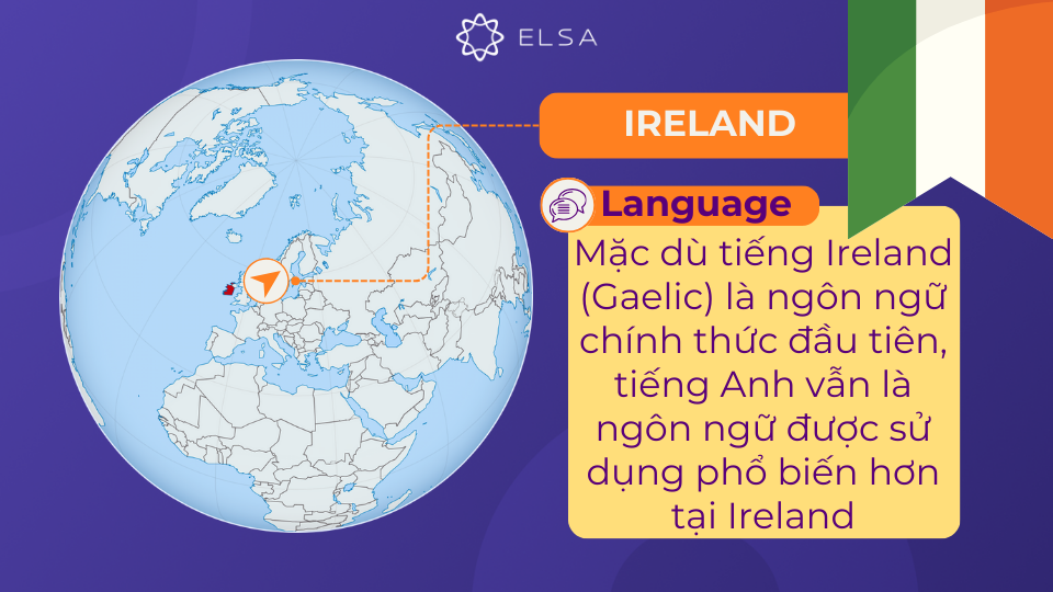 Mặc dù tiếng Ireland (Gaelic) là ngôn ngữ chính thức đầu tiên, tiếng Anh vẫn được sử dụng phổ biến hơn Mặc dù tiếng Ireland (Gaelic) là ngôn ngữ chính thức đầu tiên, tiếng Anh vẫn được sử dụng phổ biến hơn