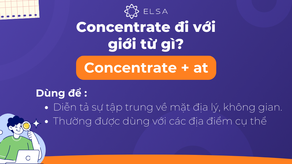 Concentrate đi với giới từ at diễn tả sự tập trung về mặt địa lý, không gian cụ thể Concentrate đi với giới từ at diễn tả sự tập trung về mặt địa lý, không gian cụ thể