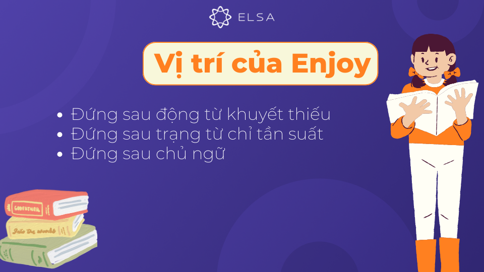 Enjoy thường đứng sau động từ khuyết thiếu, trạng từ chỉ tần suất và sau chủ ngữ Enjoy thường đứng sau động từ khuyết thiếu, trạng từ chỉ tần suất và sau chủ ngữ