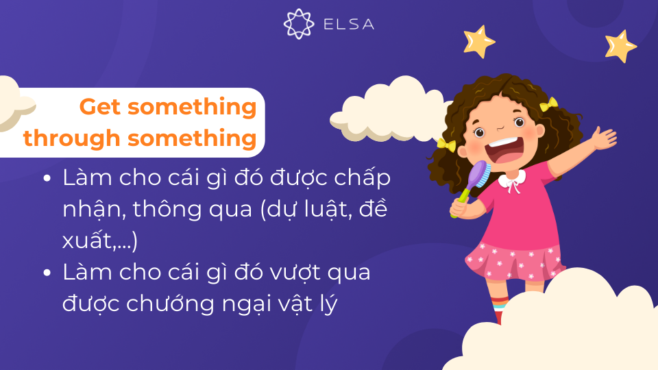 Get something through something thường mang nghĩa làm cho cái gì được thông qua, chấp thuận Get something through something thường mang nghĩa làm cho cái gì được thông qua, chấp thuận
