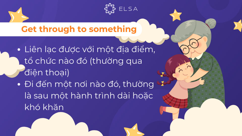 Get through to something có thể hiểu là liên lạc được với ai đó, hoặc đi đến một địa điểm/ giai đoạn Get through to something có thể hiểu là liên lạc được với ai đó, hoặc đi đến một địa điểm/ giai đoạn