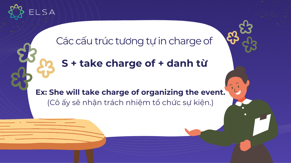 Các cấu trúc tương tự in charge of - Take charge of + danh từ Các cấu trúc tương tự in charge of - Take charge of + danh từ