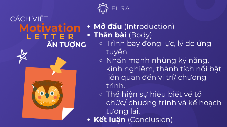 Một Motivation Letter hiệu quả thường bao gồm ba phần chính: Mở đầu, Thân bài và Kết luận Một Motivation Letter hiệu quả thường bao gồm ba phần chính: Mở đầu, Thân bài và Kết luận