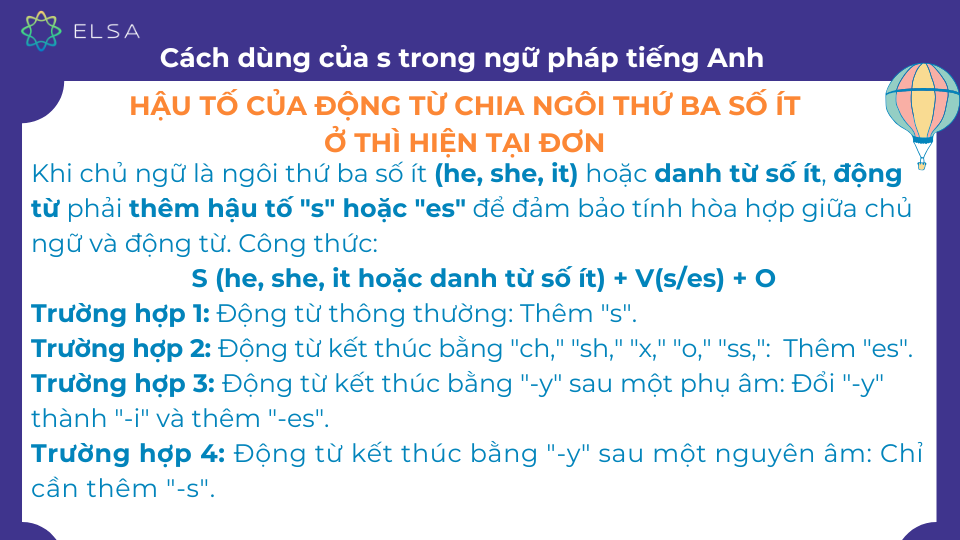 Cách dùng của s trong ngữ pháp khi hậu tố động từ chia ngôi thứ ba số ít