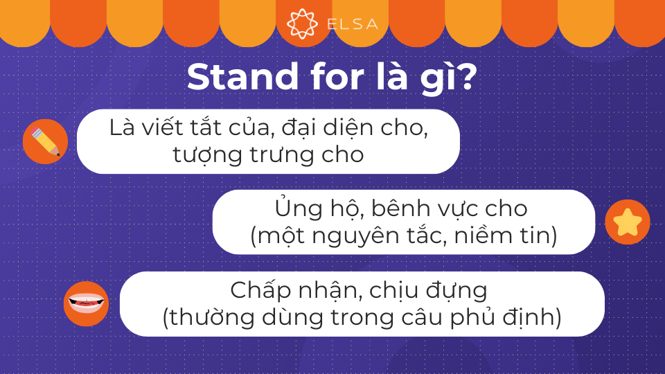 Stand for là gì? Stand for mang nhiều lớp nghĩa khác nhau và được sử dụng linh hoạt trong nhiều ngữ cảnh Stand for là gì? Stand for mang nhiều lớp nghĩa khác nhau và được sử dụng linh hoạt trong nhiều ngữ cảnh